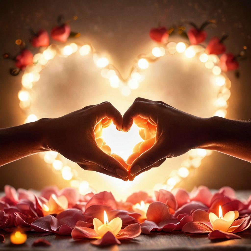 A cozy, romantic setting featuring two entwined hands holding a glowing heart, surrounded by soft, warm light and delicate rose petals. In the background, silhouettes of a couple sharing a laugh, embodying love and connection. Incorporate elements like handwritten love notes and a soft bokeh effect for a dreamy atmosphere. super-realistic. vibrant colors. soft focus.