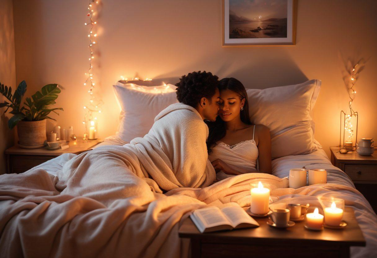 A serene scene depicting two soulmates deeply connected in a cozy, candle-lit room, surrounded by soft cushions and warm blankets. The ambiance is enhanced with gentle, glowing fairy lights overhead, symbolizing love and intimacy. Include a coffee table with two steaming mugs, and a book titled 'Timeless Tips' open between them. Soft pastel colors to evoke warmth and comfort. super-realistic. warm tones. soft focus.