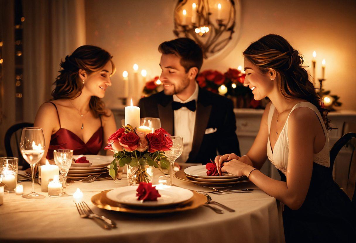 A cozy candlelit dinner setup with two elegant place settings, soft focus on a couple sharing a heartfelt moment, surrounded by heart-shaped decorations and blooming roses, with a warm glow enhancing the intimate atmosphere. super-realistic. warm colors. soft focus.